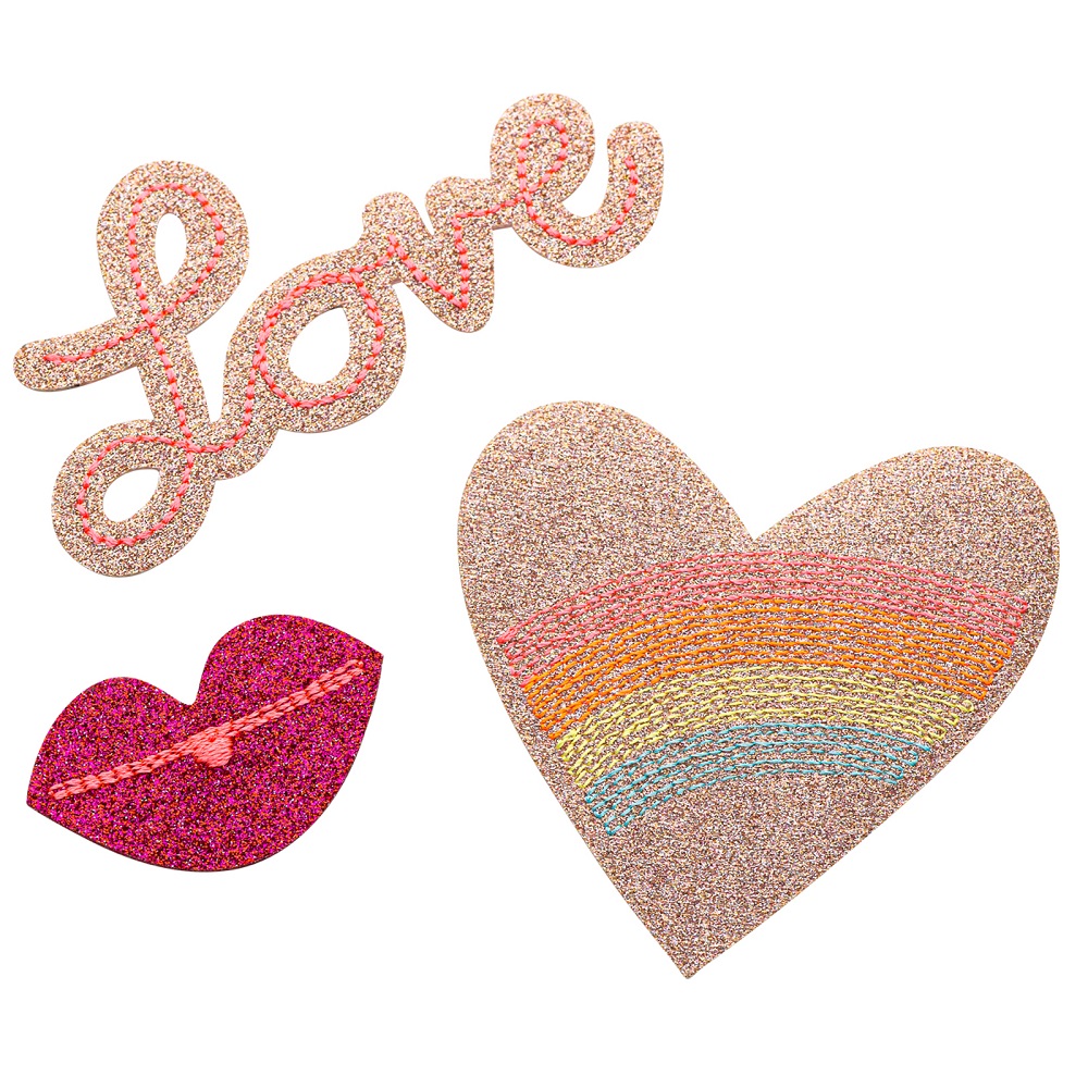 DS_MGG_HL_72-011 Patch-Set, glitternd; Schriftzug "Love" in Rosa, Herz mit Regenbogenstreifen, pinke Lippen mit Glitzeroptik; bunte Stickerei, Aufbügler.