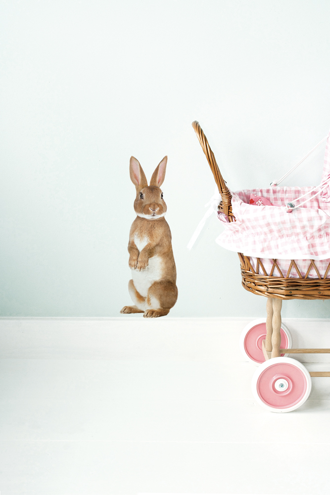 wallsticker_ff_rabbit_int Hasen-Wandsticker, sitzender Hase, braun, weißes Fell, beige Hintergrund, Kinderwagenrad rosa, Geflechtkorb, rosa-weiß kariertes Stoffmuster.