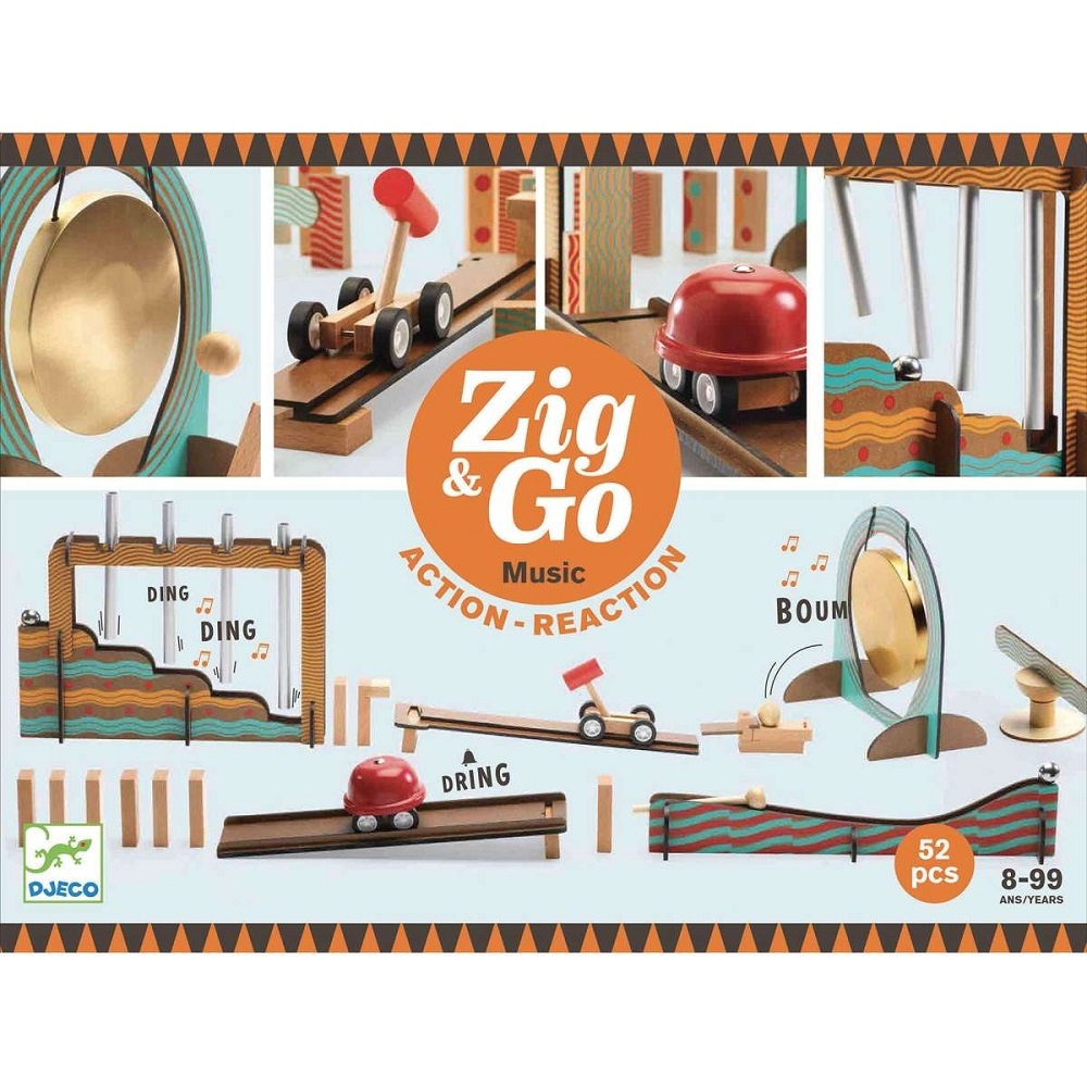 DJ05645-Zig-Go-Musik-52-Teile-1 Holzspielzeug Set, Zig & Go, Action-Reaction, Musikelemente, Kugelbahn, farbenfrohe Teile, Trommel, Glocke, Auto mit Hammer, Rebounder, 52 Teile, Altersangabe 8-99, Marke Djeco.