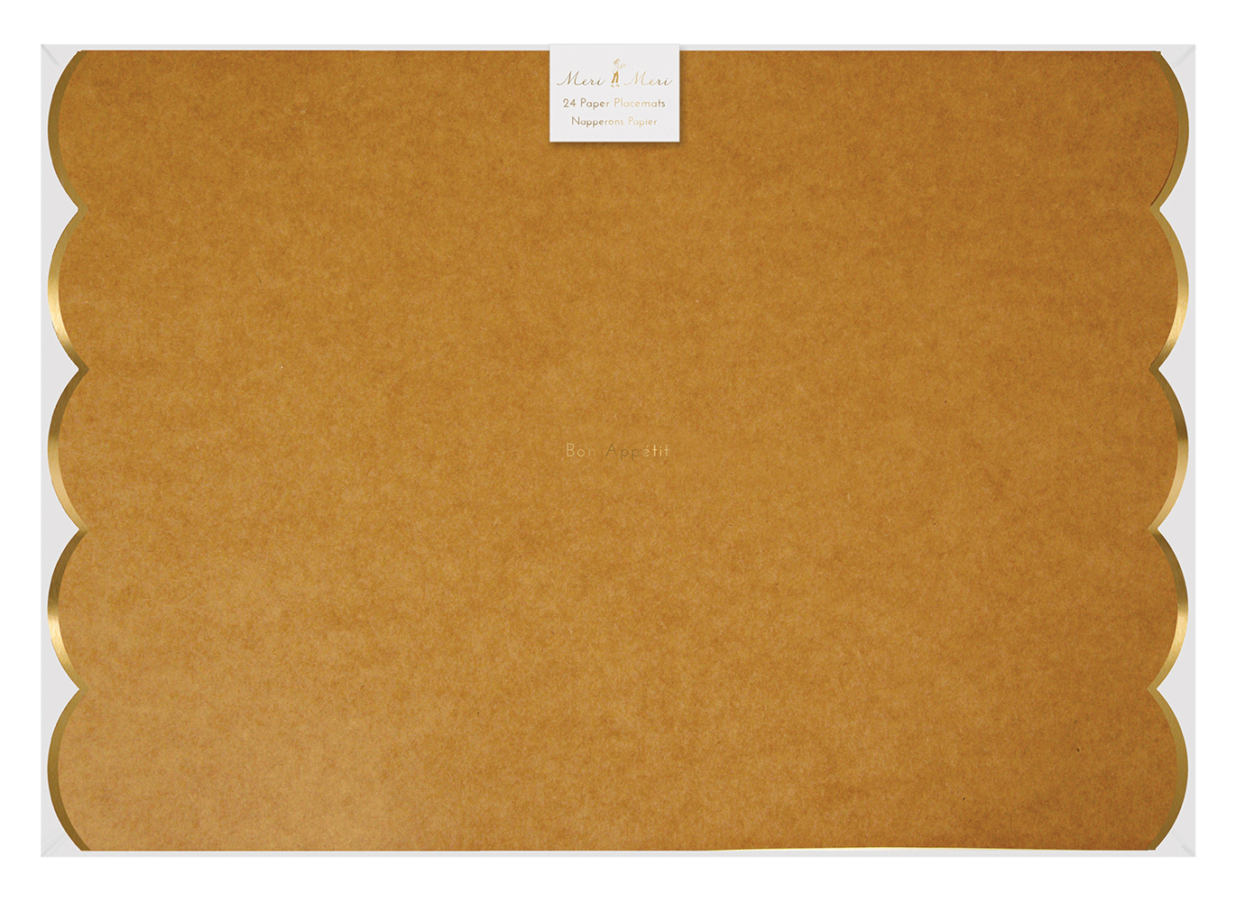 45-1712a Papier-Platzdeckchen, braun, goldfarbener Rand, geschwungene Kanten, Prägung "Bon Appétit", Packung à 24 Stück.