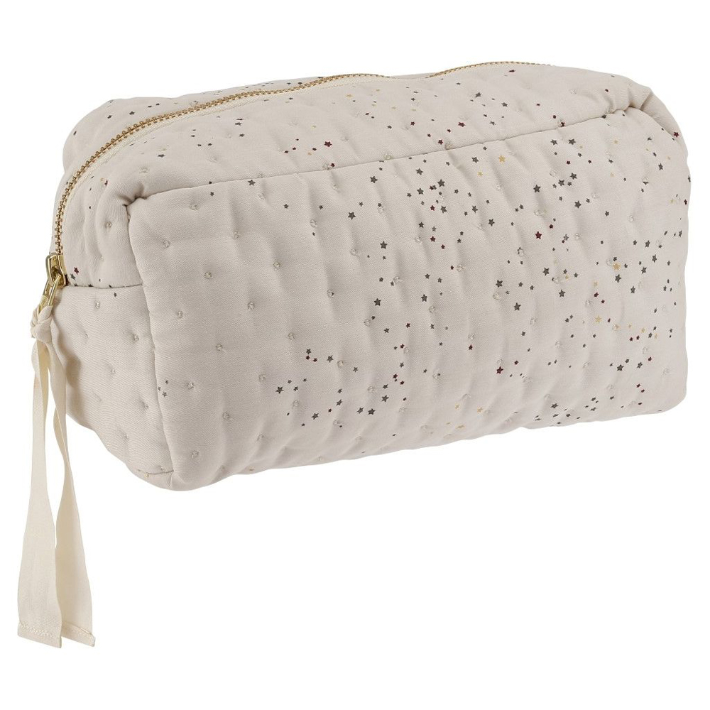 17607-Main Kosmetiktasche, beige, gesteppter Stoff, Sterne-Muster, goldener Reißverschluss, Quastenanhänger.