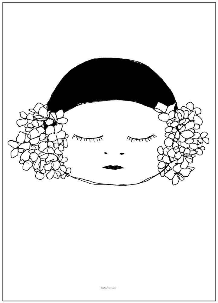 Bowie Poster, minimalistische Grafik, skizziertes Gesicht mit geschlossenen Augen, schwarzes Haar, Blumen an beiden Seiten, schwarz-weiß, einfacher Hintergrund.