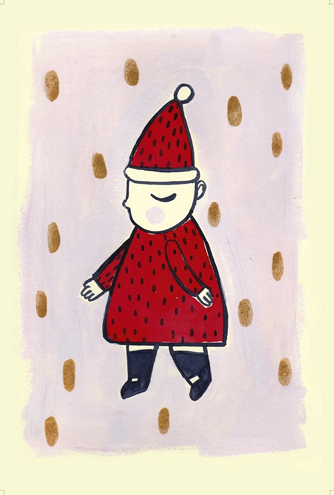 04_NOEL Kinderbild, Figur mit rotem Kleid und roter Mütze mit Punkten, weißes Gesicht, schwarze Schuhe, hellvioletter Hintergrund mit braunen Punkten.