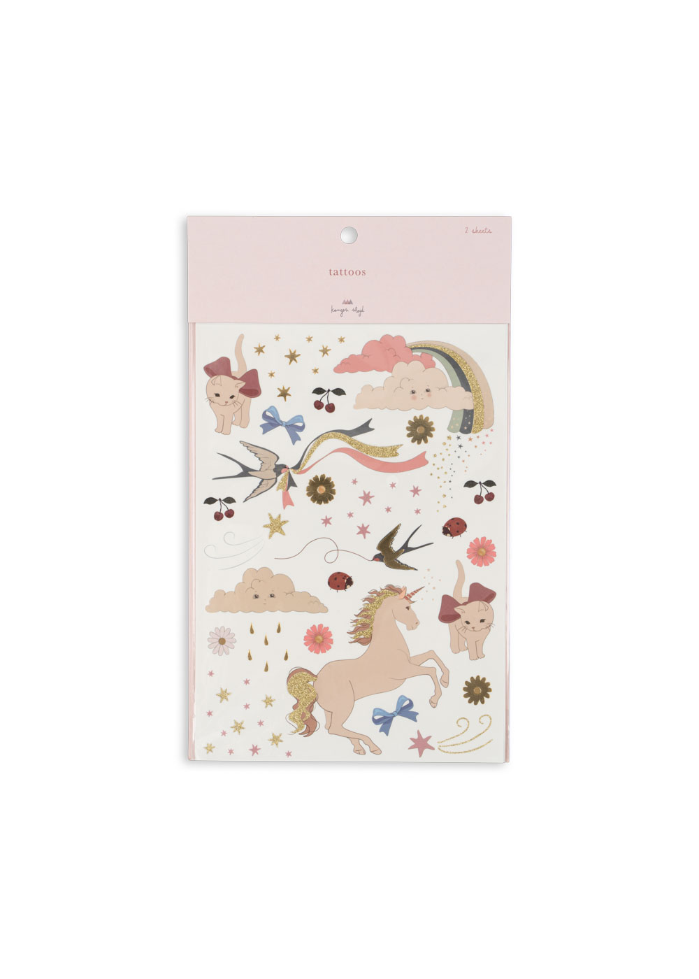 Tattoo-Set, bunt; Einhorn, Katze, Schwalbe, Regenbogen, Wolken, Sterne, Blumen, Kirschen, Schleifen, Glitzerakzente; Verpackung: rosa Aufhänger mit Loch.