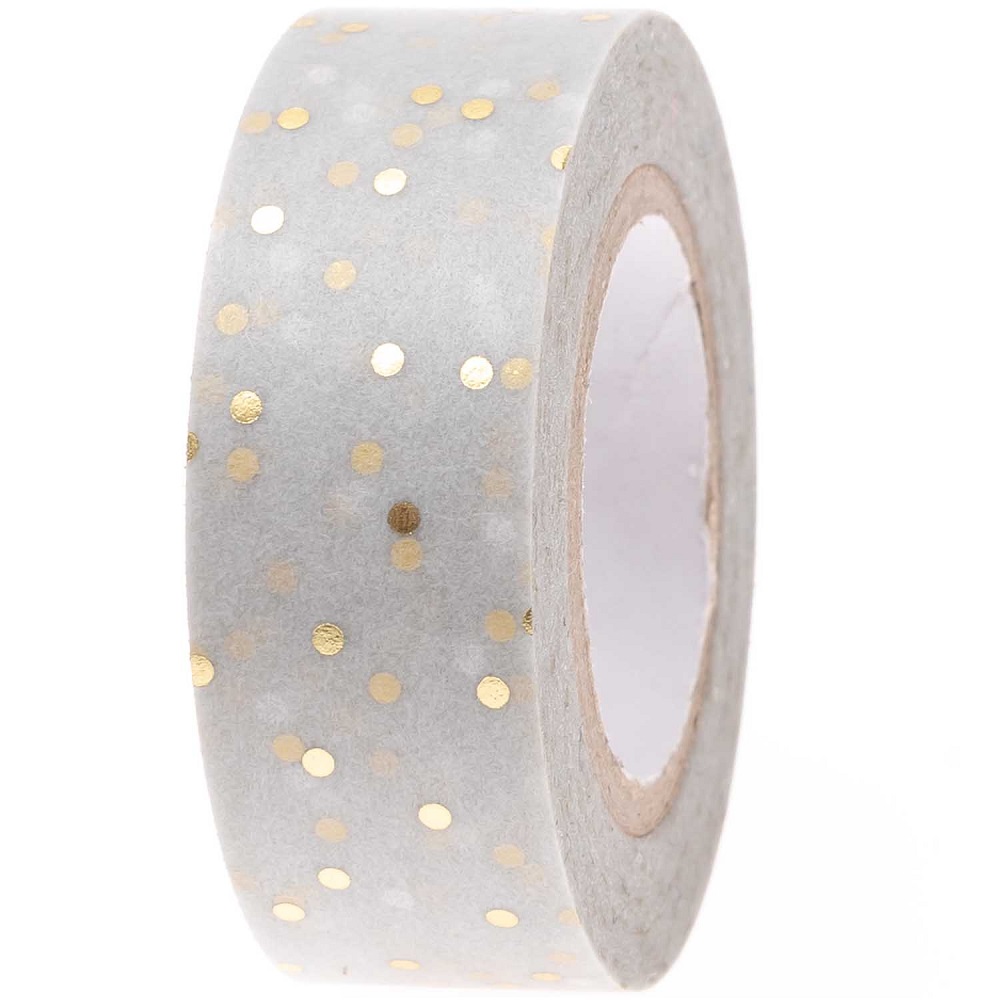 99001-77-74_1 Washi Tape, hellgrau, goldene Punkte, dekoratives Klebeband, Bastelbedarf.