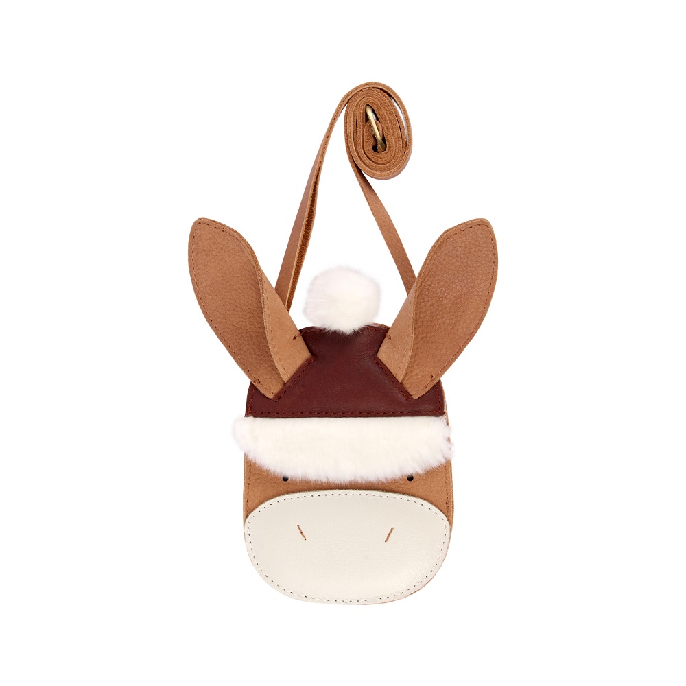 Britta-Purse-Winter-Donkey-01 Kindertasche, Eselmotiv, braun-weiß, Kunstleder, Ohren, flauschiger Bommel, verstellbarer Riemen.