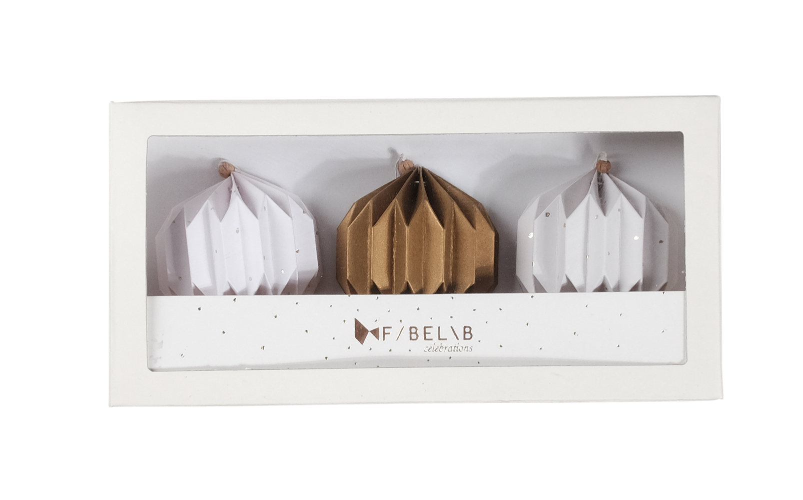 paper-globes-golden-straight Weihnachtsbaum-Anhänger; Set aus 3 Papierornamenten; Weiß, Gold; Faltoptik; Verpackung mit Sichtfenster; Marke: Fabelab.