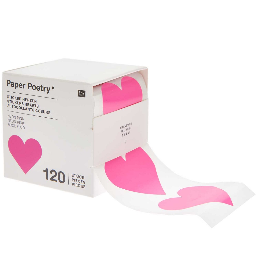 300145_3 Stickerrolle, Herzen, neonpink, 120 Stück, weiße Verpackung, Aufschrift "Paper Poetry", Ziehvorrichtung.