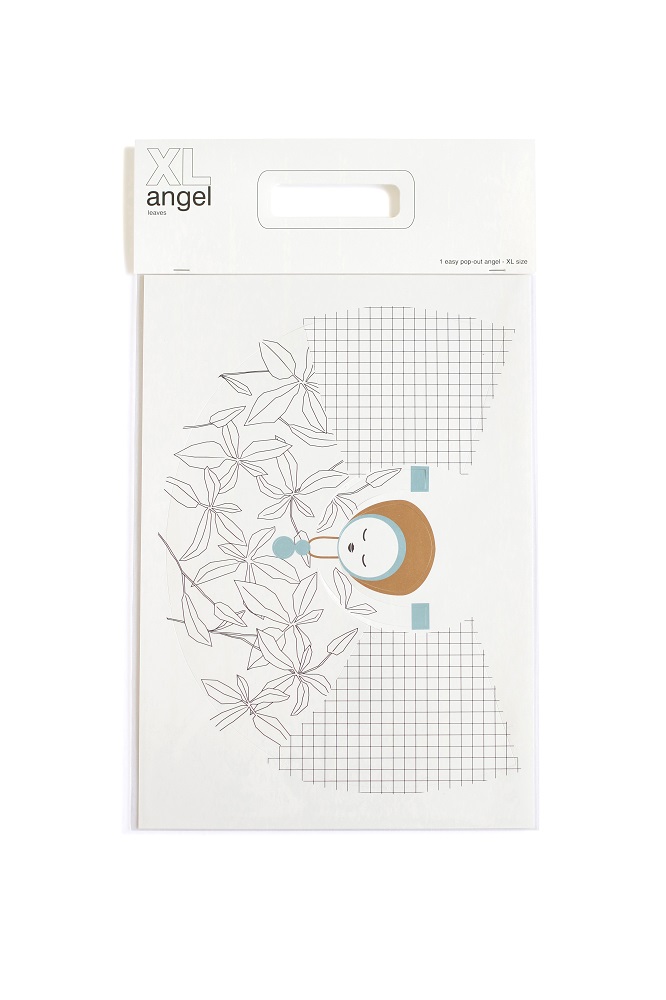 XLangel-leaves-package1 Papierengel zum Ausschneiden, XL-Größe, weißes Papier, filigrane Blattformen, abstrakter Engelsdruck, braun und blau akzentuiert.