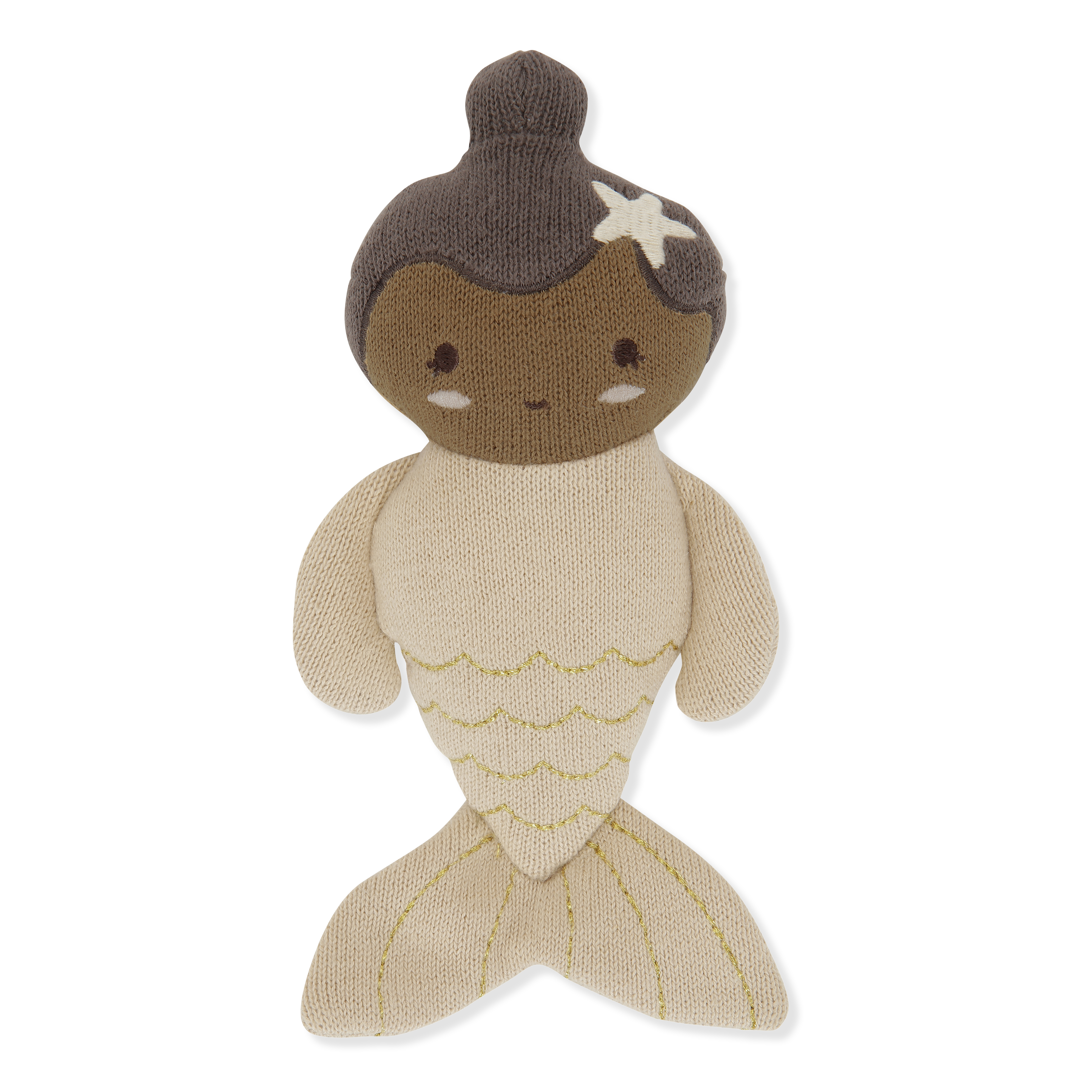 KS3133-MINI-MERMAID-SAND-Main Meerjungfrauen-Puppe, beige-hellbraun, gestrickt, dunkelbraunes Haar, sternförmige Verzierung.