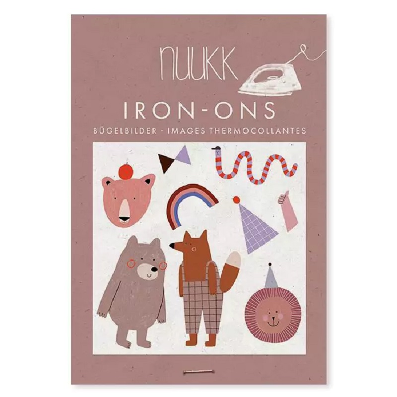 nuukk_IronOn_Buegelbild_FoxandFriends_tiny Bügelbilder Set, diverse Tiermotive, Bär, Fuchs, gepunktete Regenbogen, Partyhüte, Schlange; Farbgebung in Pastelltönen, rosa Hintergrund; "nuukk" Schriftzug, Bügeleisen Symbol.