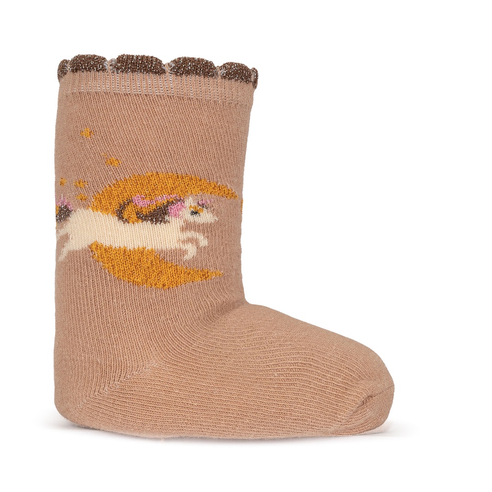 KS4796-2-PACK-JACQUARD-SOCKS-UNICORN-Extra-3 Kinderstrumpf, beige, Einhornmotiv, goldener Halbmond, gerüschter Rand, glitzernd.