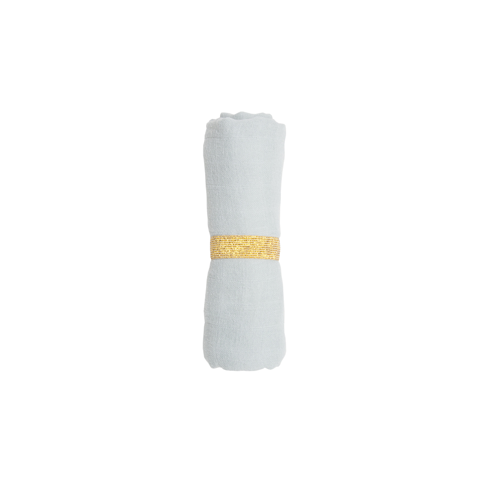 muslin-foggy-blue5919ba8cb30fd Zusammengerolltes Stofftuch, hellgrau, goldfarbener Band.