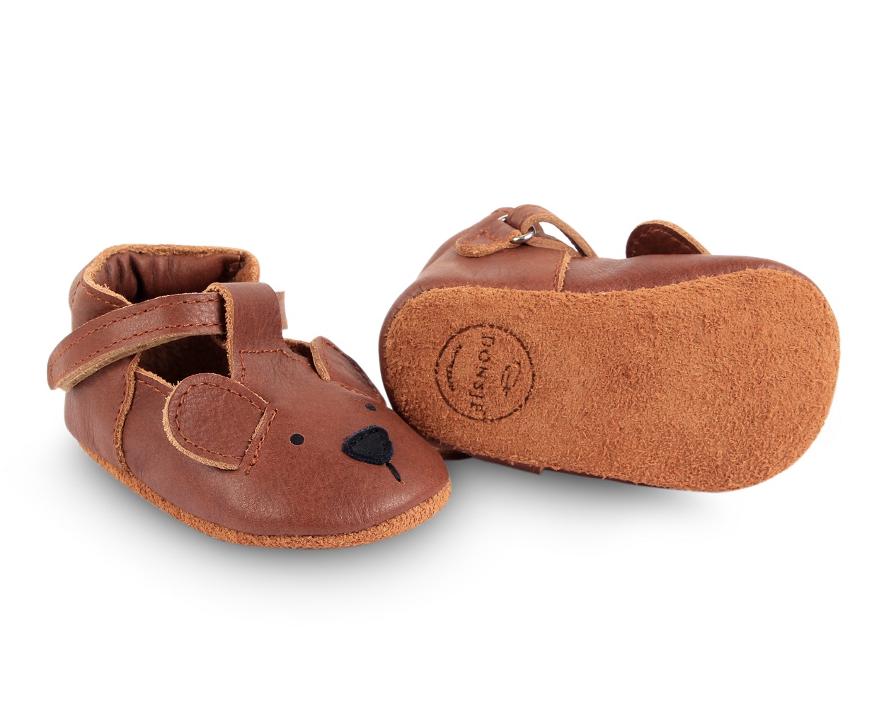 1002008_PU003_55u17ublmmg9br Babyschuhe, braun, Bärenmotiv, Ohrenapplikation, Riemchenverschluss, Wildledersohle.