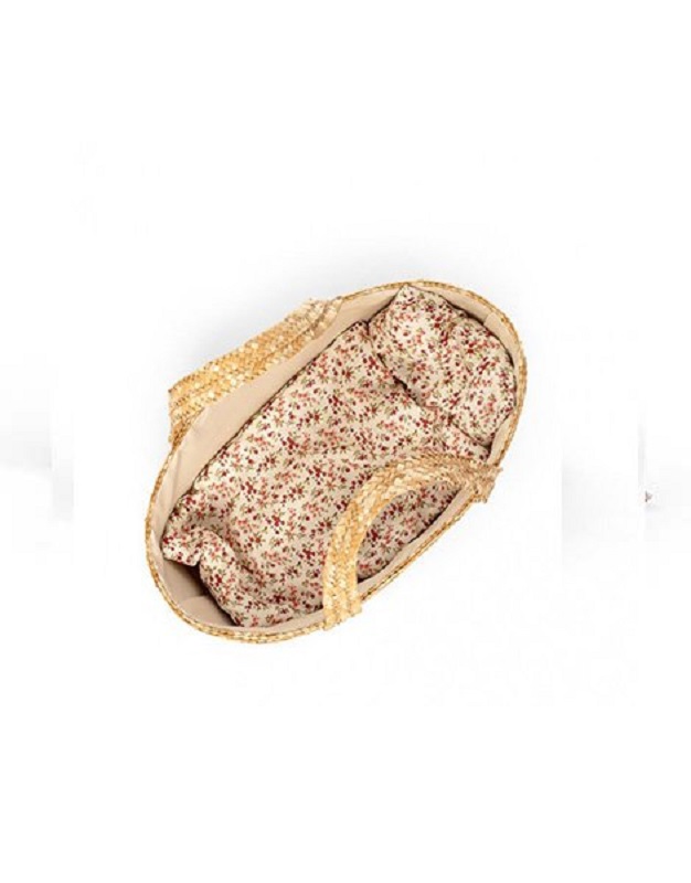 couffin-tresse-astrup-MINIKANE-35cm Tragetasche, oval, beige, geflochten, Innenfutter mit Blumenmuster, rot-grün, zwei Griffe