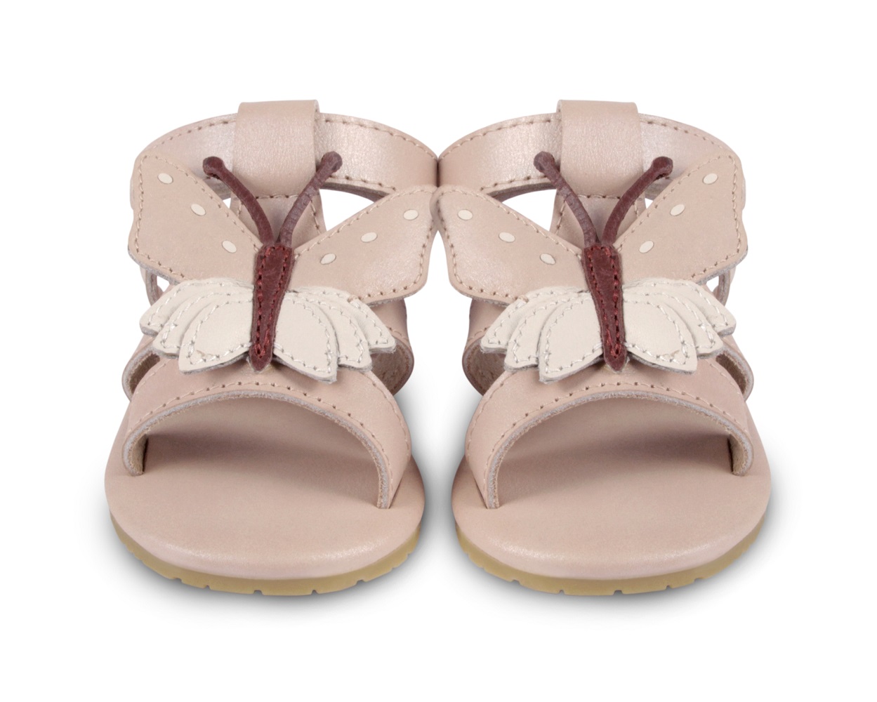 Tuti-Sky-Butterfly-Front Kinder-Sandalen, rosa, Schmetterlingsmotiv, Klettverschluss, offenes Design, beigefarbene Sohle.