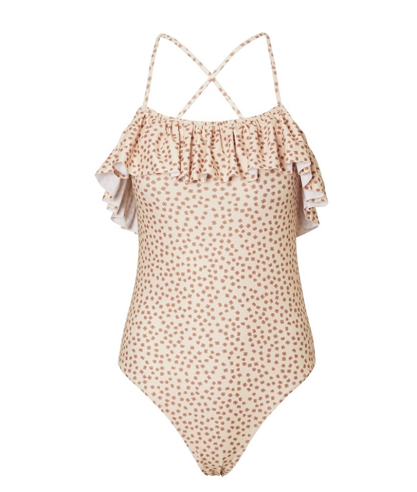 Badeanzug, beige, rosa Punktmuster, Rüschen, Spaghettiträger, Rücken überkreuzt.