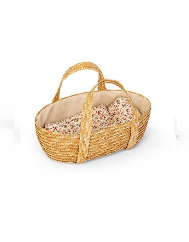 couffin-tresse-astrup-35cm Weidenkorb, beige, geflochten, ovale Form, zwei Griffe, inneres Polster mit buntem Blumenmuster.