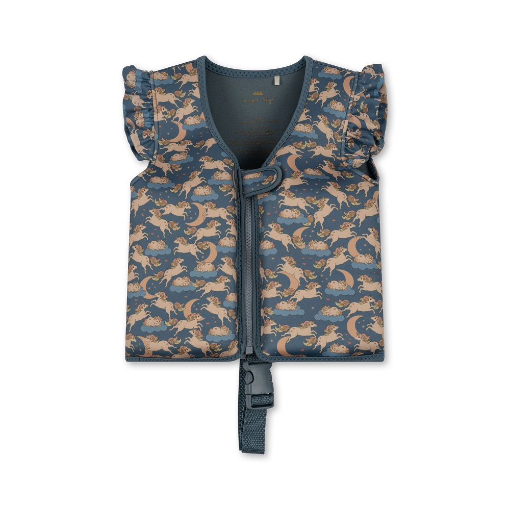 KS4445-NEOPRENE-FLOAT-VEST-FRILL-UNICORN-BLUE-Extra-0 Kinder-Schwimmweste, dunkelblau, beige Tiermuster mit Pferden, Rüschen an den Schultern, verstellbare Schnalle vorne.