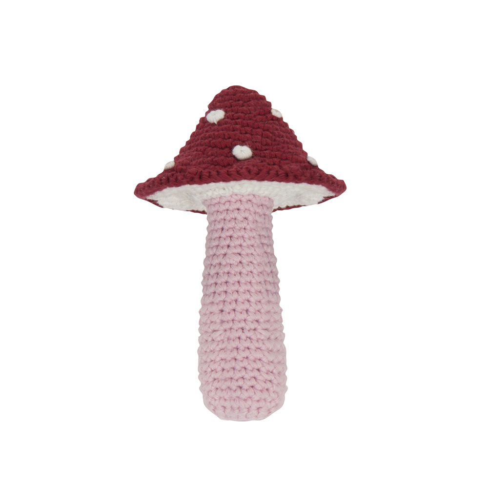 3054-1 Gehäkeltes Spielzeug, Pilzform, roter Hut mit weißen Punkten, rosa Stiel.