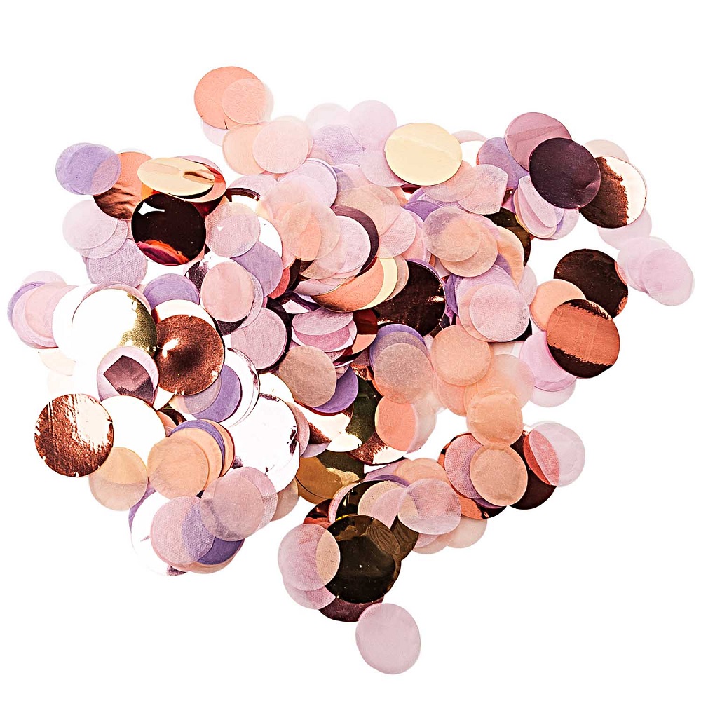 99001-63-93_2 Konfetti, rund, Farben: Rosa, Lila, Bronze, Glanz- und Matt-Optik, verschiedene Durchmesser, Mischung aus Metallic und Seidenpapier.