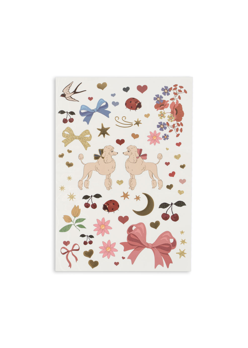 Stickerbogen, diverse Motive: Pudel, Schleifen, Herzen, Blumen, Marienkäfer, Mond, Stern, Schwalbe, Kirschen; Farben: bunt, goldene Akzente