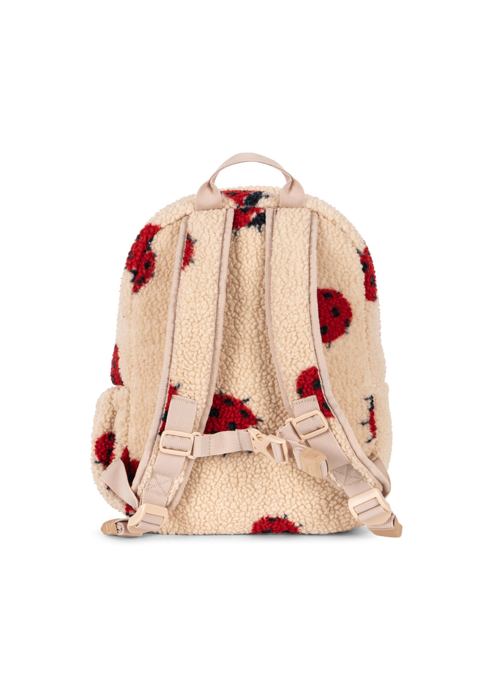 Rucksack, beige Plüschoberfläche, rote Marienkäfermotive, verstellbare Träger, Frontansicht, pastellfarbene Schnallen.