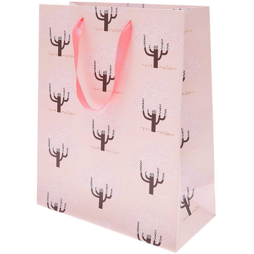 400171_1 Geschenktüte, rosa, Baum-Muster, rosa Tragegriff.