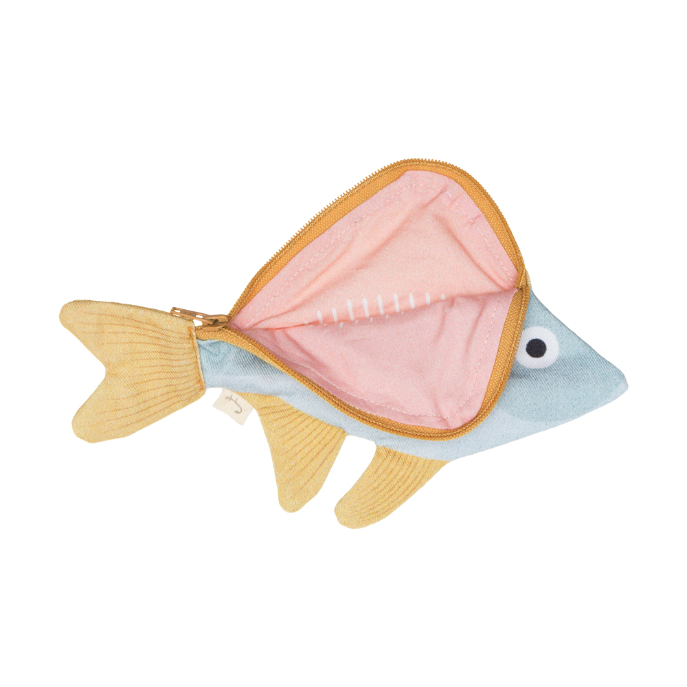 05131_2 Plüschtier-Tasche in Fischform, Farben: Hellblau, Gelb, Rosa; Reißverschluss oben, große Augen, offene Innenseite sichtbar.