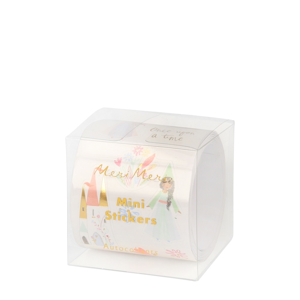HR_205138a Transparente Kunststoffverpackung, Meri Meri Mini Sticker Rolle, Märchenmotive, Prinzessin in grünem Kleid, goldene Schrift, bunte Blumen, Aufschrift "Once upon a time".