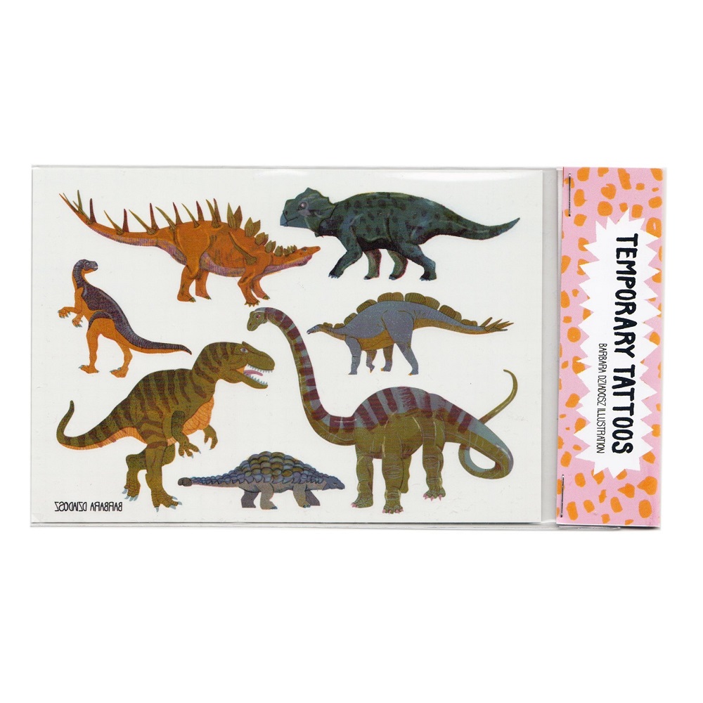 614772-f9d4ab11d42a43c6a456b2b485d87fdc_1024x1024-2x Aufkleber, temporäre Tattoos, Dinosauriermotive, bunte Dinos in verschiedenen Posen, Verpackungselement am rechten Rand.