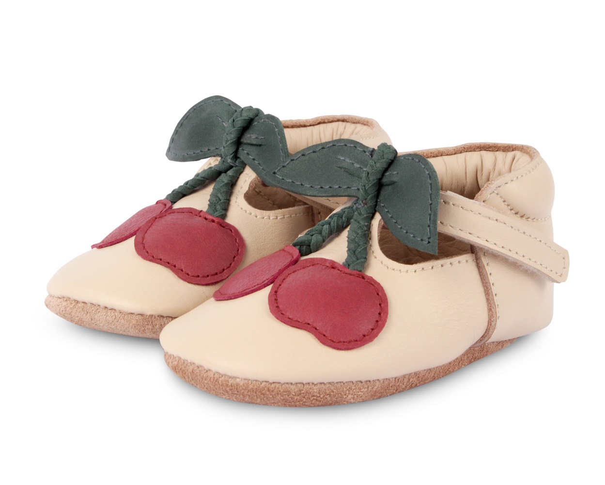 1005015_LE173_1 Babyschuhe, beige, Gegenklettverschluss, rote Kirschen-Applikation, grüne Blätter.