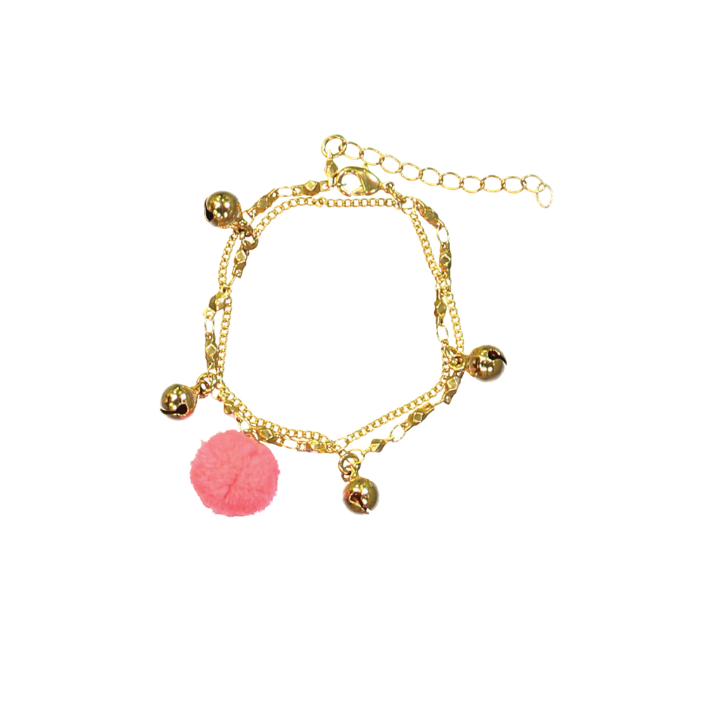 kidsbraceletkamilfluopink1 Armband, goldfarben, mehrfach geschichtet, Gliederketten, kleine goldene Kugeln, großer rosafarbener Pompon-Anhänger.
