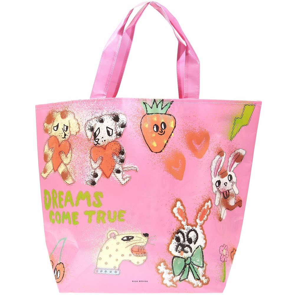 Pinkfarbene Einkaufstasche, Aufdruck mit bunten Tieren und Früchten, "Dreams Come True", Herz- und Karottenmotive, Häschen, Bär, Hund, grüne Akzente, zwei Henkel.