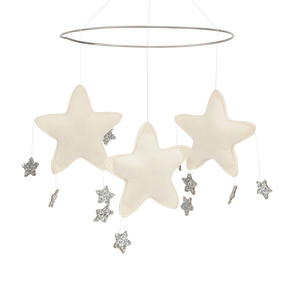 Star-Mobile-Naturel Mobile, cremefarbene Stoffsterne, silberne Glitzersterne, runder Metallrahmen, hängend.