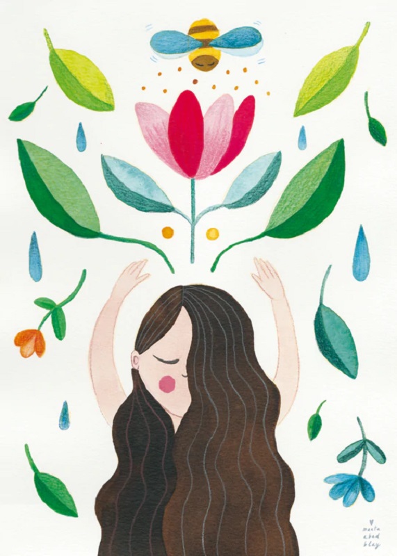 Capturadepantalla2022-04-24alas23-05-36_540x Illustration, stilisierte Frau mit langen Haaren, erhobene Arme, bunte Blätter und Blumen um sie, Biene oben, Wasser- und Punktformen.