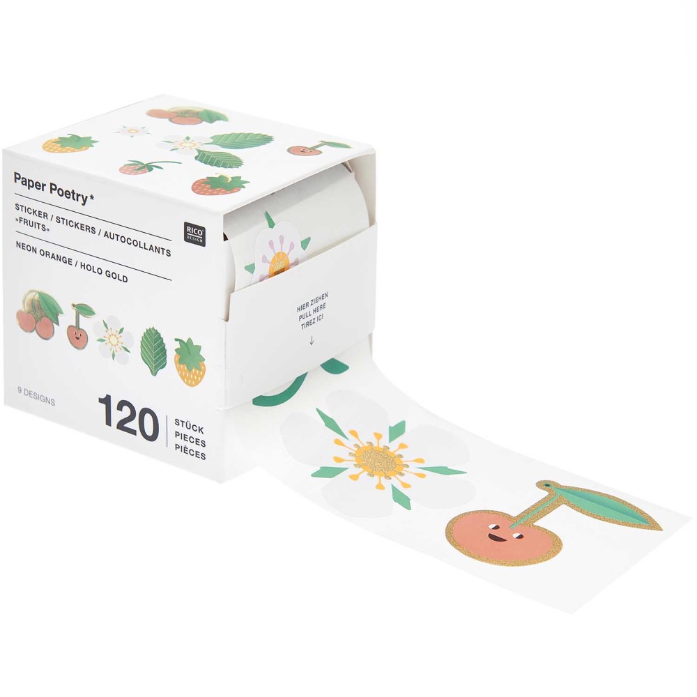 300600_1 Stickerrolle in weißer Box, Fruchtmotive wie Kirschen, Erdbeeren, Blumen, insgesamt 120 Stück, verschiedene Designs, Farben: orange, grün, gold, Aufdruck „Paper Poetry“.