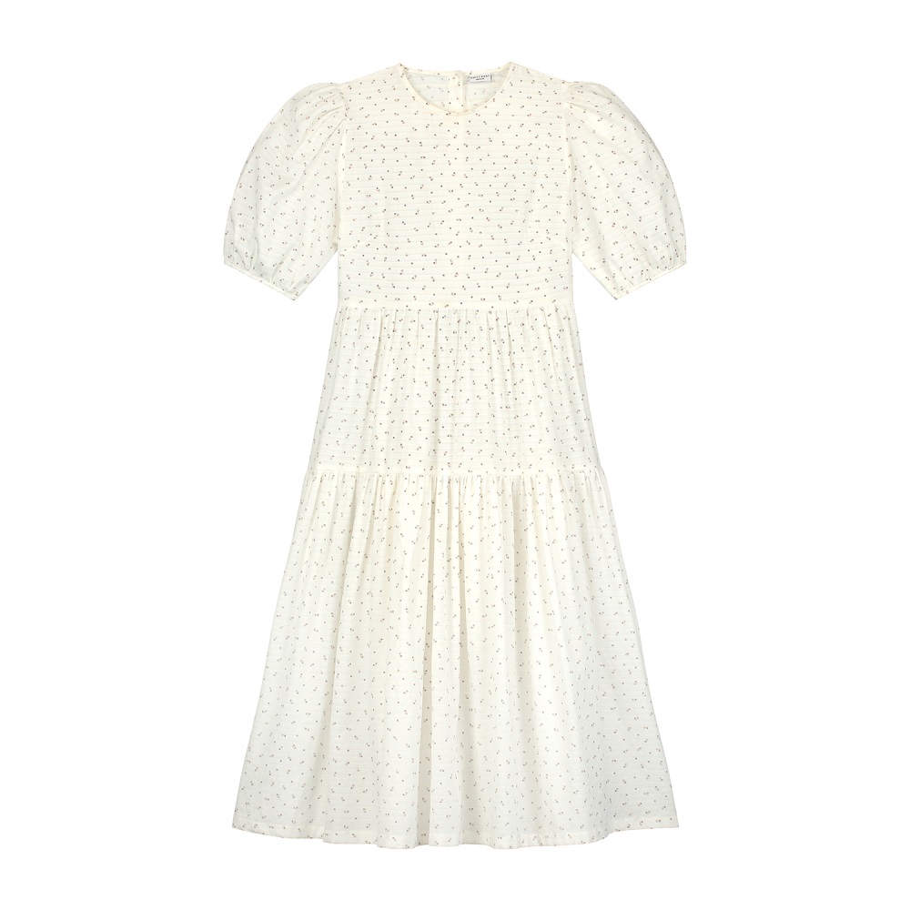 Midi-Kleid, weiß, kleine schwarze Muster, Puffärmel, Rundhals, dreistufiger Rock.