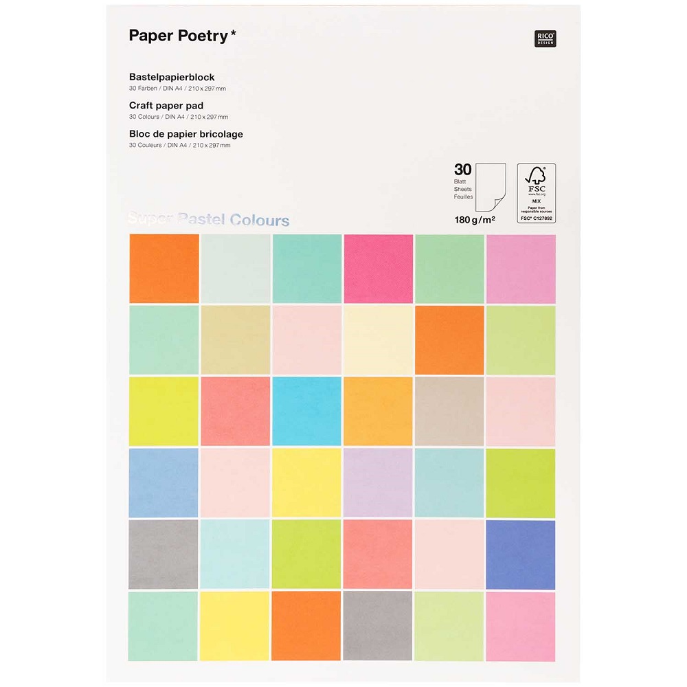 A4 Bastelpapierblock Pastell 30 Farben
