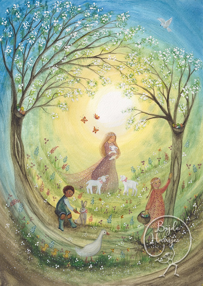 HappyEaster_ws-3 Gemälde, Frühlingsszene, junge Frau mit Lämmern, Kinder mit Hase und Korb, weiße Blüten auf Bäumen, helle Farben, Vogel oben, Schmetterlinge, grüne Wiese, Bäume mit weißen Blumen, friedliche Atmosphäre.
