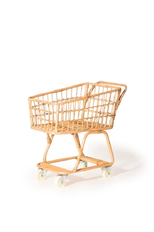 767421448438 Rattan-Einkaufswagen, hellbraun, Gitterdesign, vier weiße Rollen.