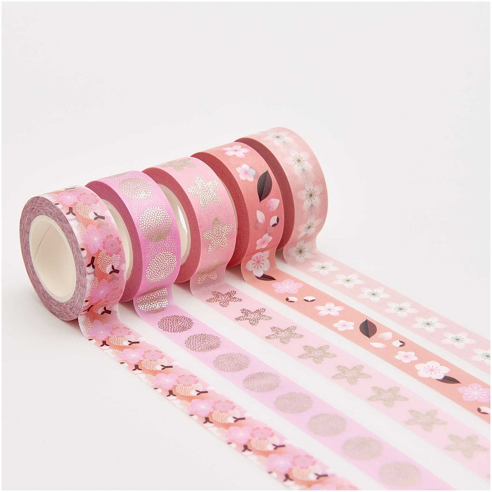 300267_AW_1 Washi-Tape Set, rosa Töne, Blumen- und Sternenmuster, fünf Rollen, dekorative Motive, ideal für Bastelprojekte.