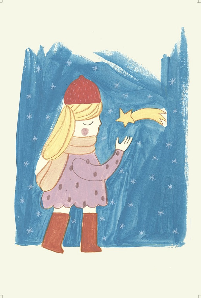 07_STAR Kinderbild, Illustration, Mädchen mit roter Mütze, lila Mantel, braune Stiefel, gelber Schal, hält Sternschnuppe, blauer Hintergrund, Schneeflocken.