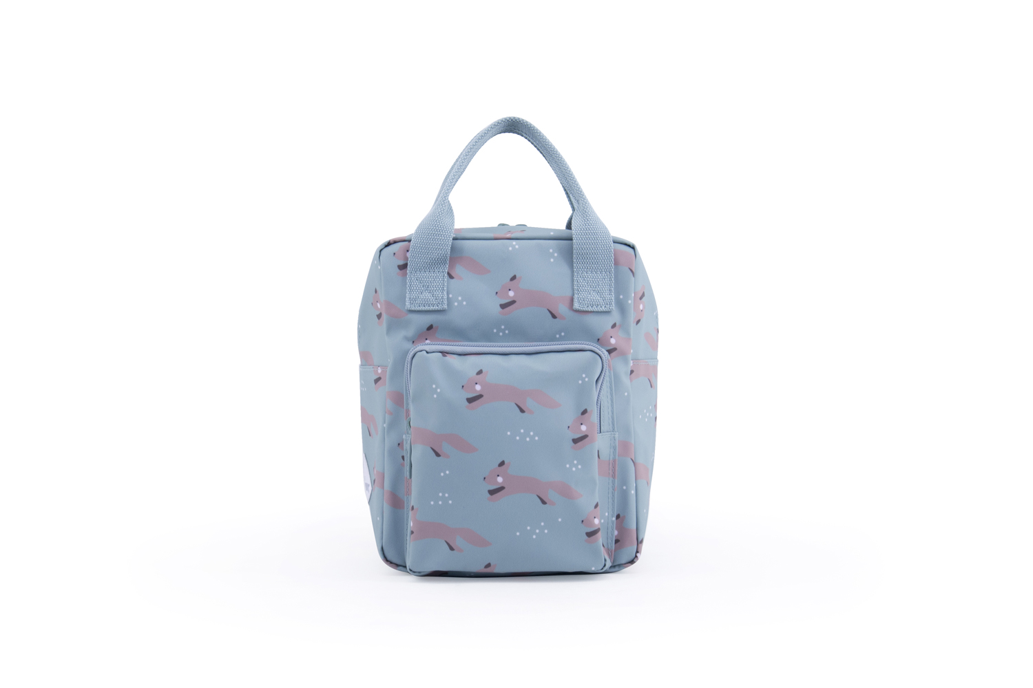 RGR_EefLillemor_backpack-fox_Blue Kinder-Rucksack, hellblau, Fuchs-Muster, Fronttasche mit Reißverschluss, zwei Henkel.
