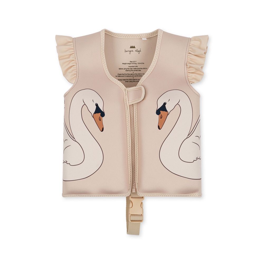 Schwimmweste, beige, Schwan-Aufdruck, Rüschen-Details, Frontreißverschluss, Steckverschluss.