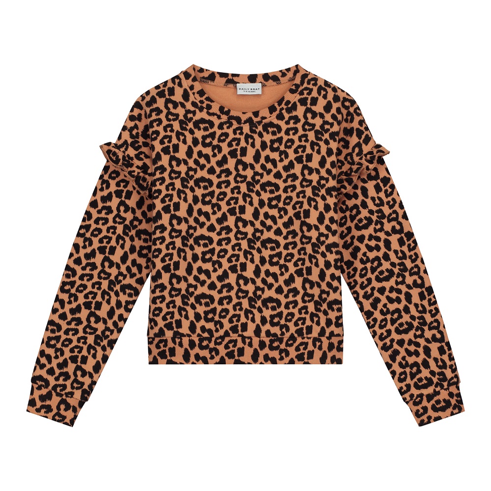 Pullover, Leopardenmuster, braun-schwarz, Rüschen an den Schultern, Rundhalsausschnitt, langärmlig.
