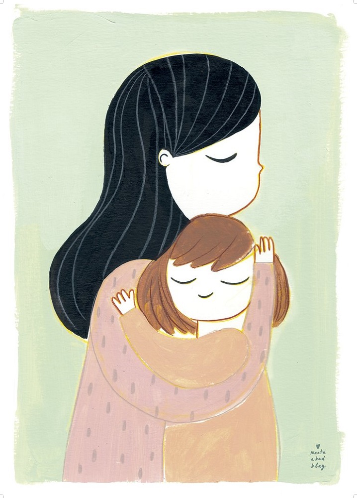 Illustration, zwei Personen umarmend, pastellfarbene Kleidung, große Frau mit langen schwarzen Haaren, kleines Kind mit braunen Haaren, minimalistische Darstellung, sanfte Farbtöne.