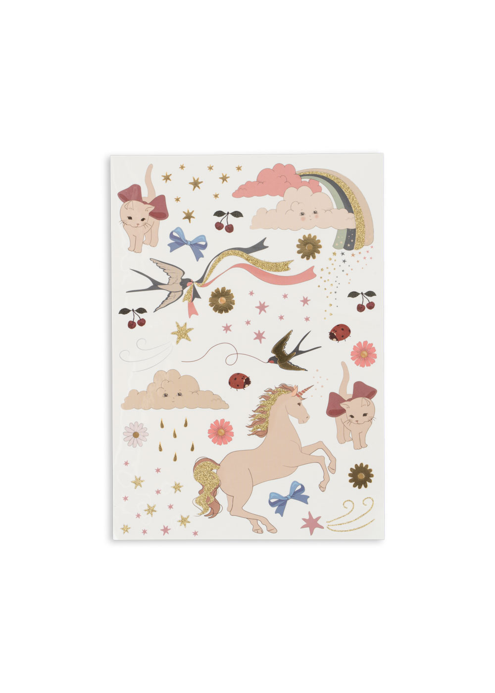 Stickerbogen, Motive: Einhorn, Katze mit Schleife, Schwalben, Regenbogen, Wolken, Sterne, Blumen, Marienkäfer, Kirschen; Farben: Rosa, Blau, Gold, Beige, Schwarz.