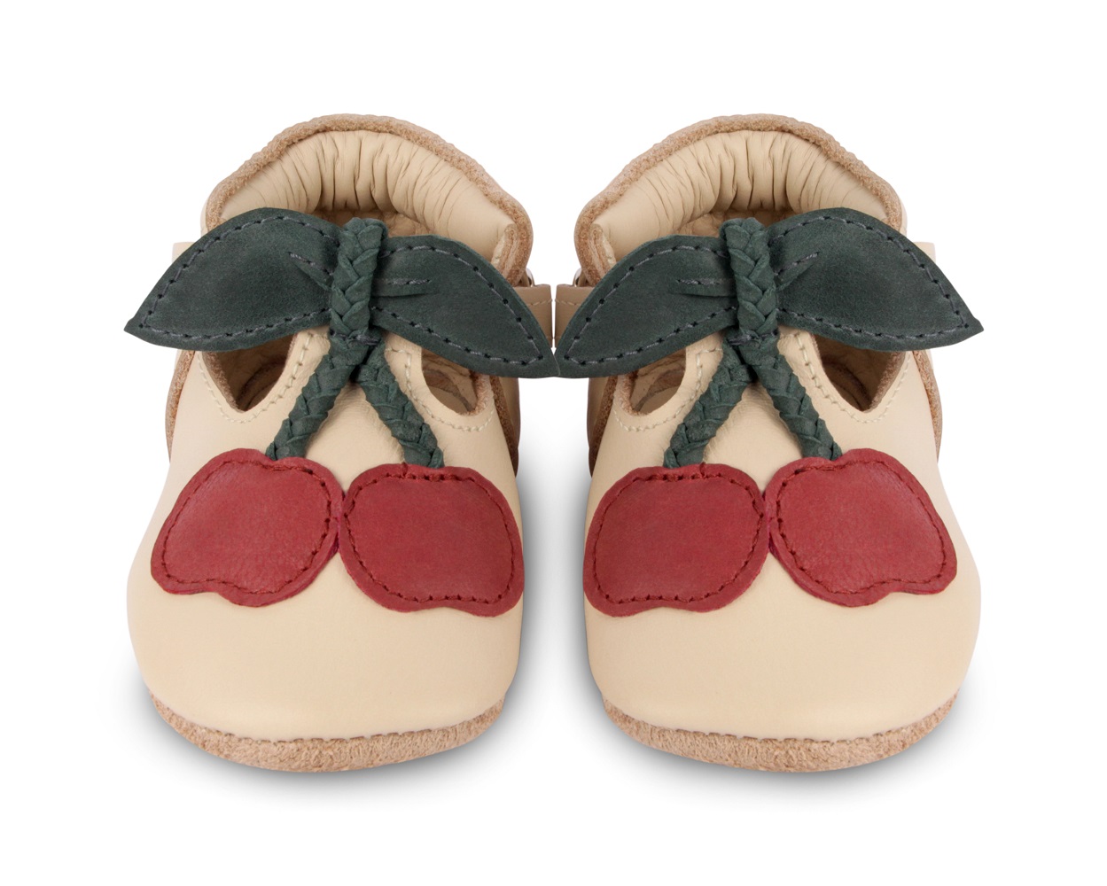 1005015_LE173_3 Babyschuhe Leder beige, Kirschen-Applikation rot, Blätter dunkelgrün, elastischer Bund.