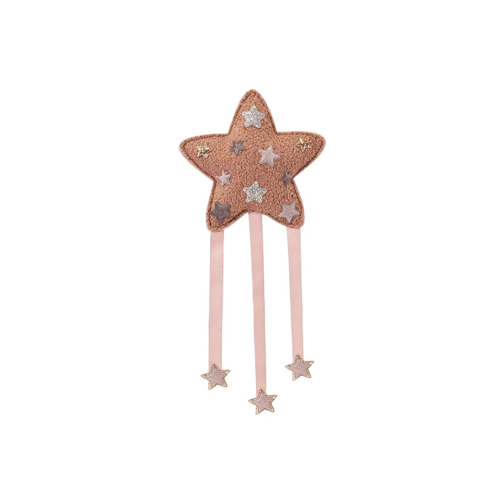 Kinderhaaranstecker Sternform, rosa, Glitzersterne, drei hängende Bänder mit kleinen Sternakzenten.